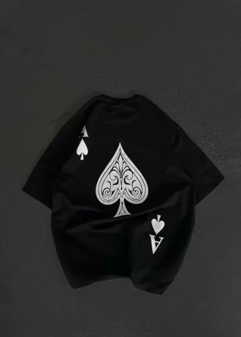 Unisex Bisiklet Yaka Baskılı Oversize T-Shirt - Siyah