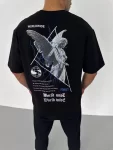 Unisex Bisiklet Yaka Baskılı Oversize T-Shirt – Siyah