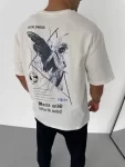Unisex Bisiklet Yaka Baskılı Oversize T-Shirt – Beyaz