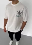 Unisex Bisiklet Yaka Baskılı Oversize T-Shirt – Beyaz