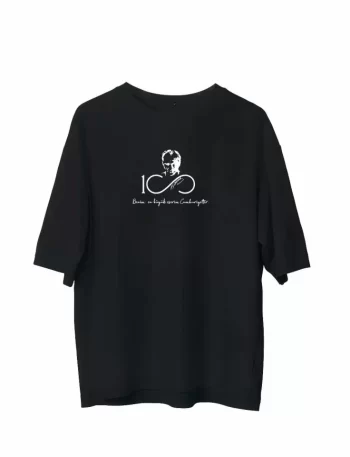 Unisex Bisiklet Yaka Baskılı Oversize T-Shirt - Siyah