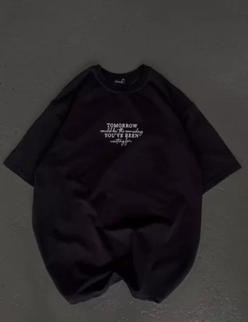 Unisex Bisiklet Yaka Baskılı Oversize T-Shirt - Siyah