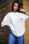 Unisex Bisiklet Yaka Baskılı Oversize T-Shirt – Beyaz