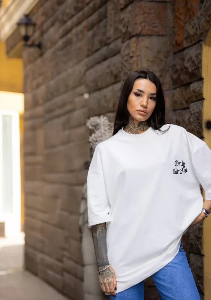 Unisex Bisiklet Yaka Baskılı Oversize T-Shirt - Beyaz Unisex Bisiklet Yaka Baskılı Oversize T-Shirt - Beyaz