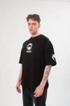Unisex Bisiklet Yaka Baskılı Oversize T-Shirt - Siyah