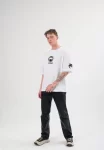Unisex Bisiklet Yaka Baskılı Oversize T-Shirt – Beyaz