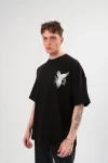 Unisex Bisiklet Yaka Baskılı Oversize T-Shirt – Siyah