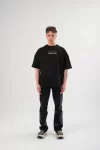 Unisex Bisiklet Yaka Baskılı Oversize T-Shirt – Siyah
