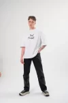 Unisex Bisiklet Yaka Baskılı Oversize T-Shirt – Beyaz