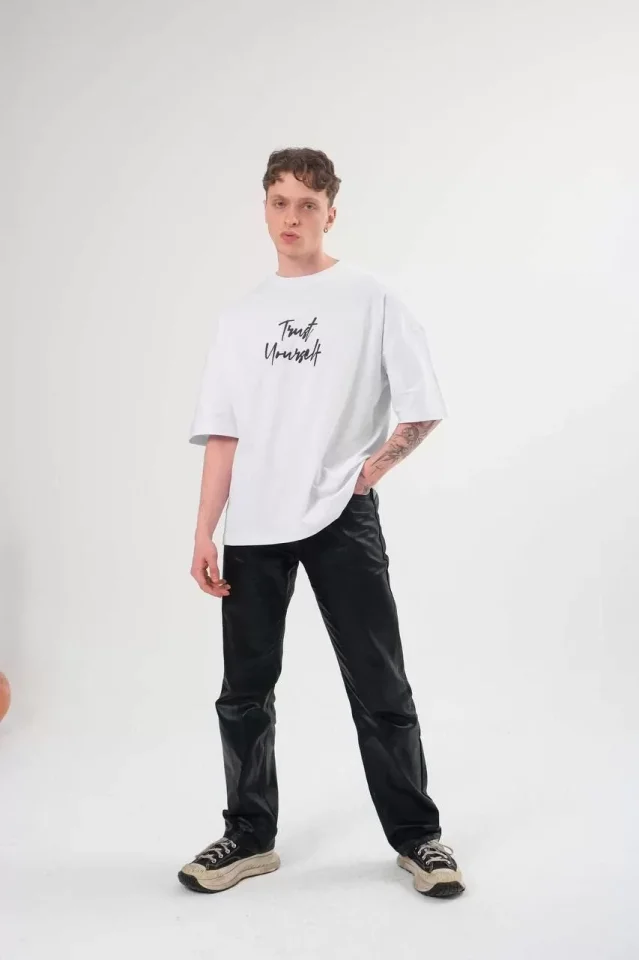 Unisex Bisiklet Yaka Baskılı Oversize T-Shirt - Beyaz Unisex Bisiklet Yaka Baskılı Oversize T-Shirt - Beyaz