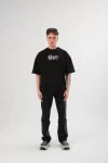 Unisex Bisiklet Yaka Baskılı Oversize T-Shirt – Siyah