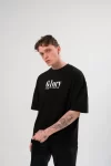 Unisex Bisiklet Yaka Baskılı Oversize T-Shirt – Siyah