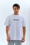 Unisex Bisiklet Yaka Baskılı Oversize T-Shirt – Beyaz
