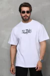 Unisex Bisiklet Yaka Baskılı Oversize T-Shirt – Beyaz
