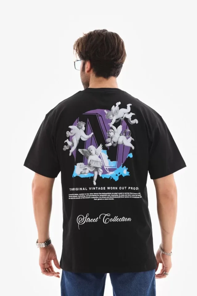 Unisex Bisiklet Yaka Baskılı Oversize T-Shirt - Siyah Unisex Bisiklet Yaka Baskılı Oversize T-Shirt - Siyah