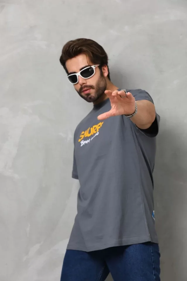 Unisex Basic Bisiklet Yaka Oversize T-Shirt - Füme Unisex Basic Bisiklet Yaka Oversize T-Shirt - Füme