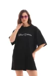 Unisex Bisiklet Yaka Baskılı Oversize T-Shirt – Siyah
