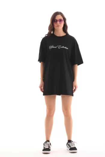 Unisex Bisiklet Yaka Baskılı Oversize T-Shirt - Siyah