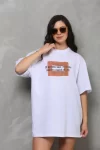Unisex Bisiklet Yaka Baskılı Oversize T-Shirt – Beyaz