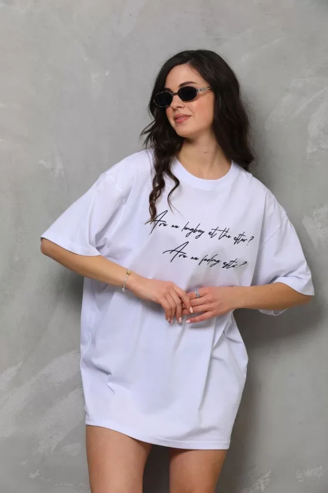 Unisex Bisiklet Yaka Baskılı Oversize T-Shirt - Beyaz Unisex Bisiklet Yaka Baskılı Oversize T-Shirt - Beyaz