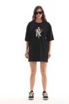 Unisex Bisiklet Yaka Baskılı Oversize T-Shirt – Siyah