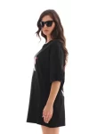 Unisex Bisiklet Yaka Baskılı Oversize T-Shirt – Siyah