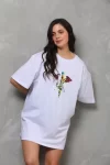 Unisex Bisiklet Yaka Baskılı Oversize T-Shirt – Beyaz