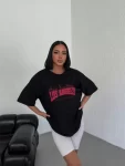 Unisex Bisiklet Yaka Baskılı Oversize T-Shirt – Siyah
