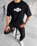 Unisex Bisiklet Yaka Baskılı Double Oversize T-Shirt – Siyah