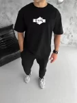 Unisex Bisiklet Yaka Baskılı Double Oversize T-Shirt – Siyah