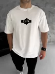 Unisex Bisiklet Yaka Baskılı Double Oversize T-Shirt – Beyaz