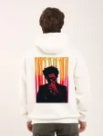 Unisex Baskılı Oversize Üç İplik Kapüşonlu Sweatshirt – Beyaz