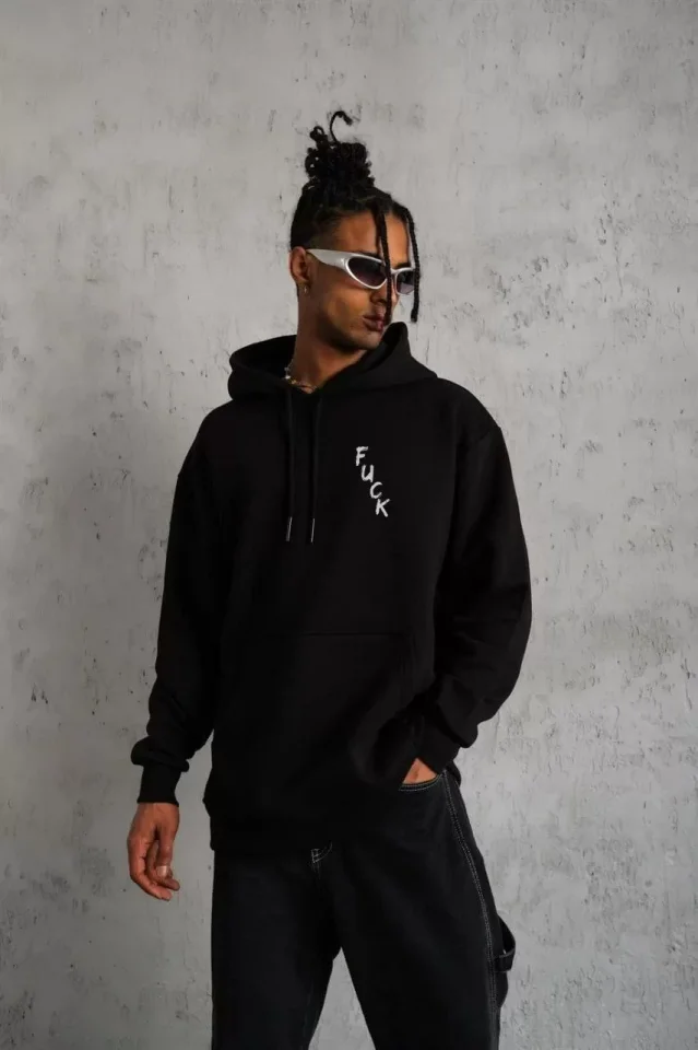 Unisex Kapşonlu Uzun Kol Baskılı Sweetshirt - Siyah Unisex Kapşonlu Uzun Kol Baskılı Sweetshirt - Siyah