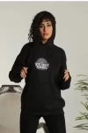 Unisex Sırt Baskılı Kapüşonlu Üç İplik Oversize Sweatshirt – Siyah