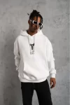Unisex Sırt Baskılı Kapüşonlu Üç İplik Oversize Sweatshirt – Beyaz