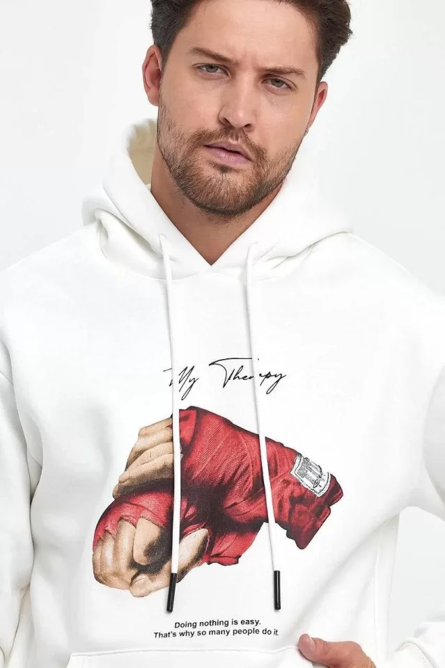 Unisex Kapüşonlu Üç İplik Oversize Baskılı Sweatshirt - Beyaz Unisex Kapüşonlu Üç İplik Oversize Baskılı Sweatshirt - Beyaz