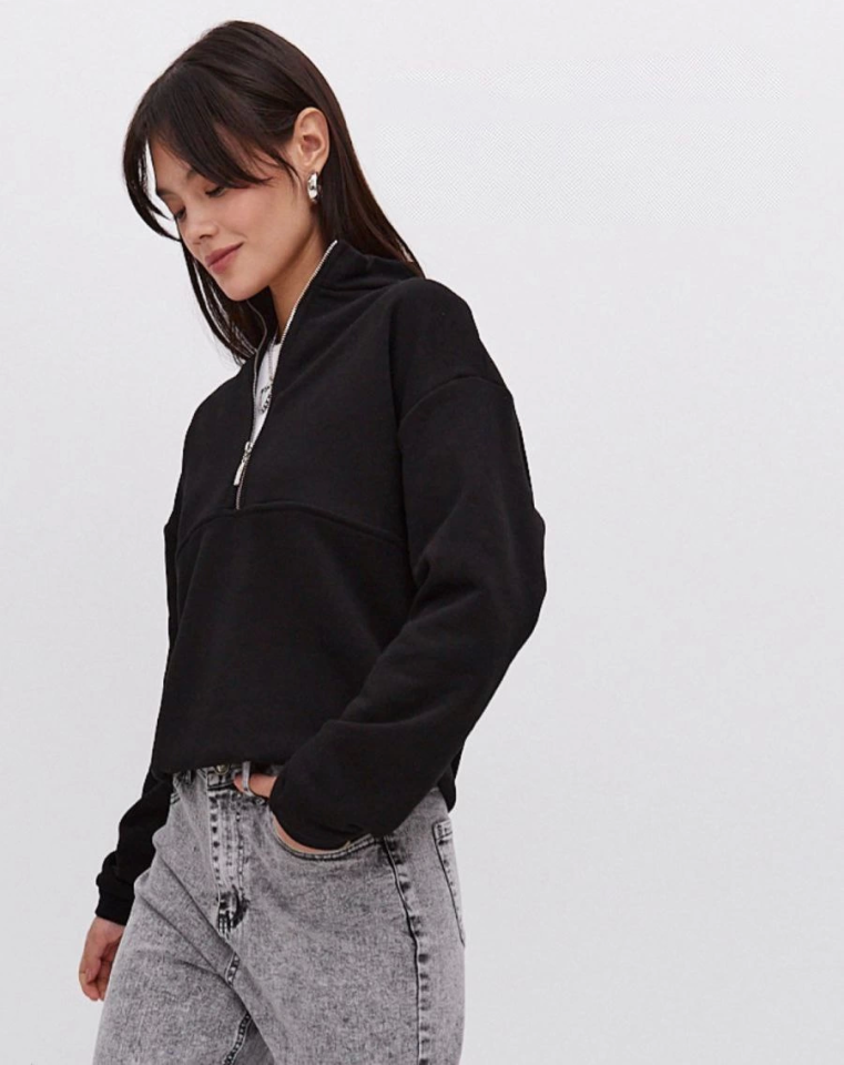 Oversize Yarım Farmuarlı Yakalı Basic SweatShirt - Siyah Oversize Yarım Farmuarlı Yakalı Basic SweatShirt - Siyah