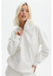 Unisex Uzun Kol Yarım Farmuarlı Yakalı Basic SweatShirt – Beyaz