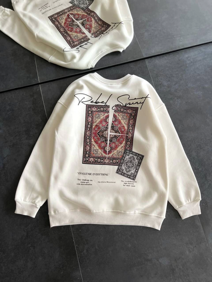 Bisiklet Yaka Baskılı SweatShirt - Beyaz Bisiklet Yaka Baskılı SweatShirt - Beyaz