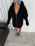 Oversize Tam Fermuarlı Uzun Kol Hırka – Siyah