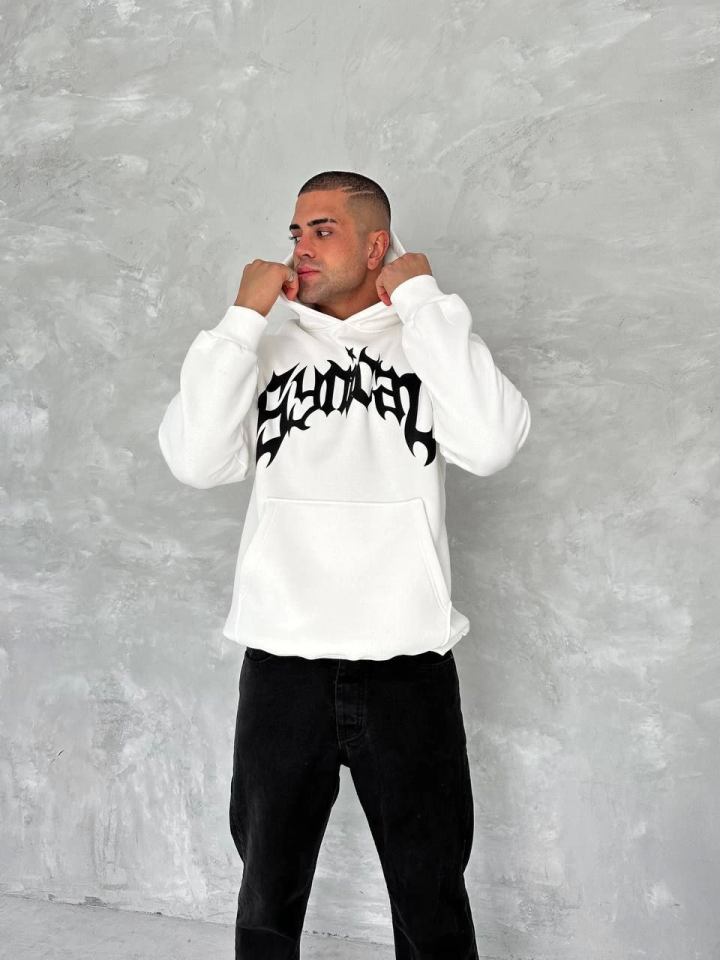 Unisex Üç İplik Kapşonlu Baskılı SweatShirt - Beyaz Unisex Üç İplik Kapşonlu Baskılı SweatShirt - Beyaz