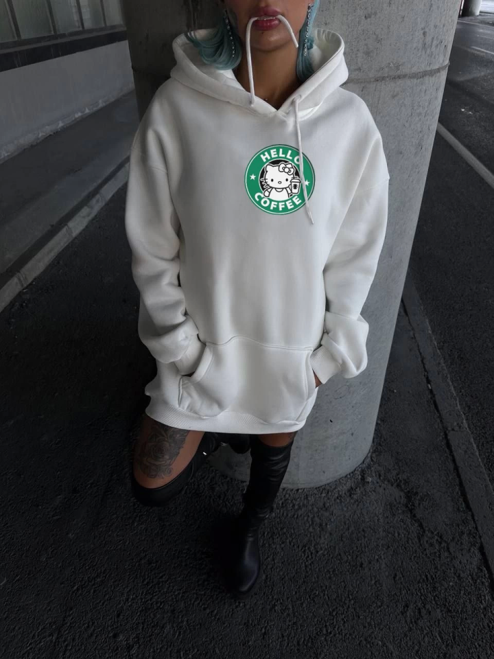 Üç İplik Penye Uzun Kol Kapşonlu SweatShirt - Beyaz Üç İplik Penye Uzun Kol Kapşonlu SweatShirt - Beyaz