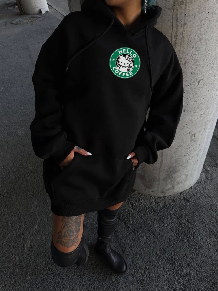 Üç İplik Penye Uzun Kol Kapşonlu SweatShirt - Siyah Üç İplik Penye Uzun Kol Kapşonlu SweatShirt - Siyah