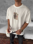 Erkek Ön Ve Arka Baskılı Oversize Bisiklet Yaka T-shirt – Beyaz