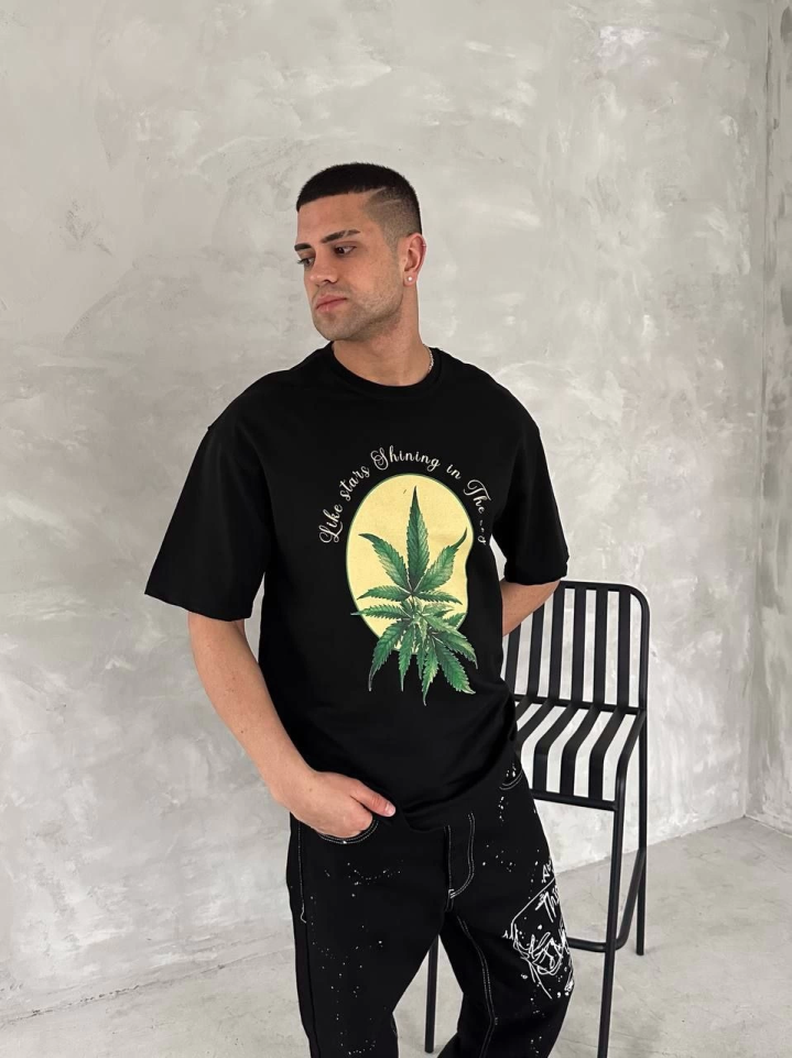 Ön Ve Arka Baskılı Oversize Bisiklet Yaka T-shirt- Siyah Ön Ve Arka Baskılı Oversize Bisiklet Yaka T-shirt- Siyah