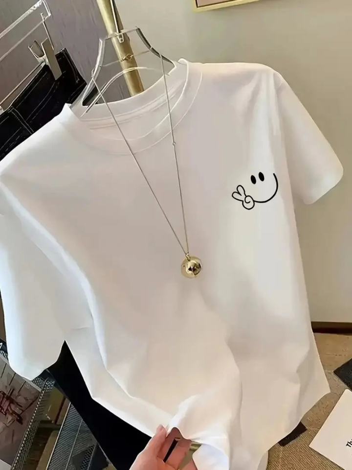 Baskılı Oversize Bisiklet Yaka T-shirt - Beyaz Baskılı Oversize Bisiklet Yaka T-shirt - Beyaz