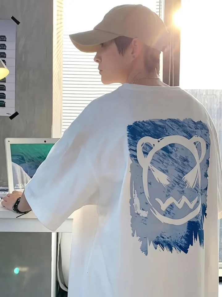 Baskılı Oversize Bisiklet Yaka T-shirt - Beyaz Baskılı Oversize Bisiklet Yaka T-shirt - Beyaz