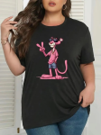Pembe Panter Baskılı Oversize Bisiklet Yaka T-shirt – Beyaz
