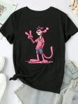 Pembe Panter Baskılı Oversize Bisiklet Yaka T-shirt – Beyaz