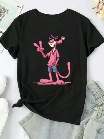 Pembe Panter Baskılı Oversize Bisiklet Yaka T-shirt - Beyaz